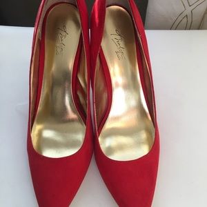 Red suede pump with gold heel size  11